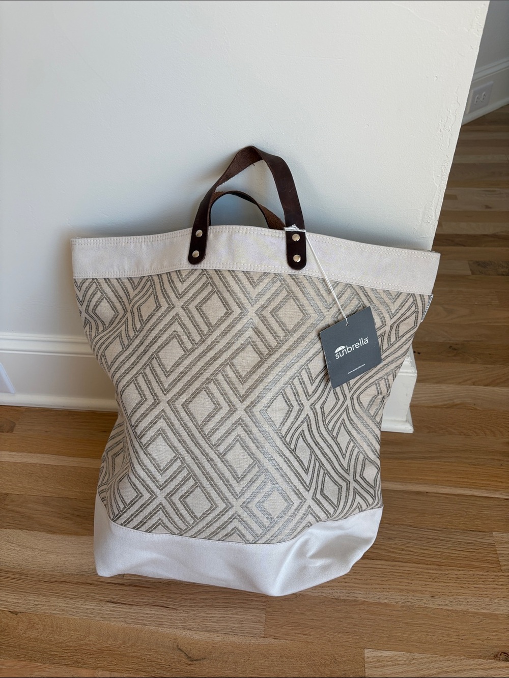 Sunbrella Neutral Geometric Tote Bag with Leather Handles